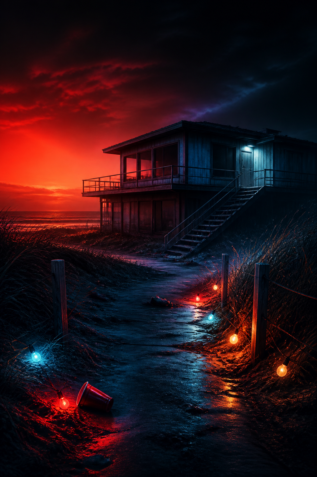 AI-created editorial illustration of a coastal beach house at night for Penny Lane Is Dead