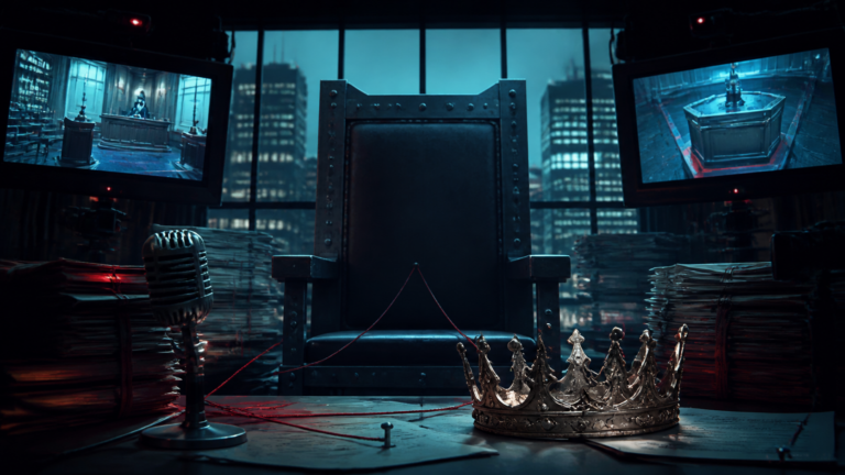 Editorial courtroom artwork with an empty defendant chair, evidence files and a cracked crown
