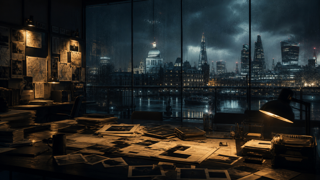 A rain-darkened intelligence office overlooking the London skyline at night