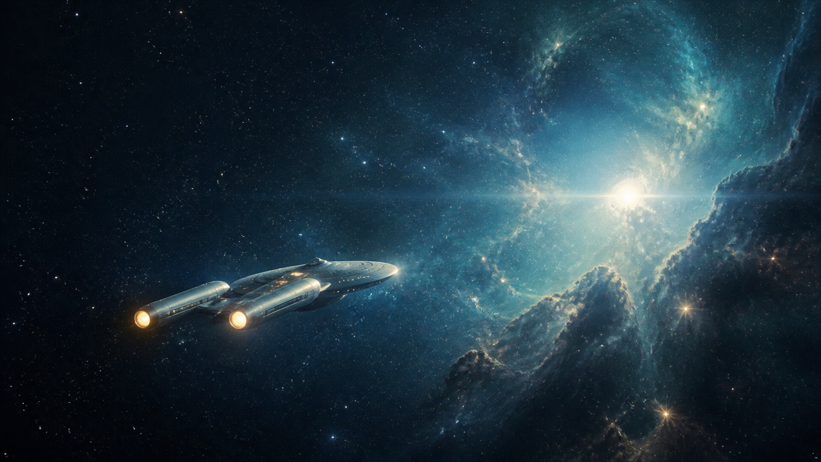 Original cinematic starship travelling through a blue nebula for the Star Trek at 60 feature.
