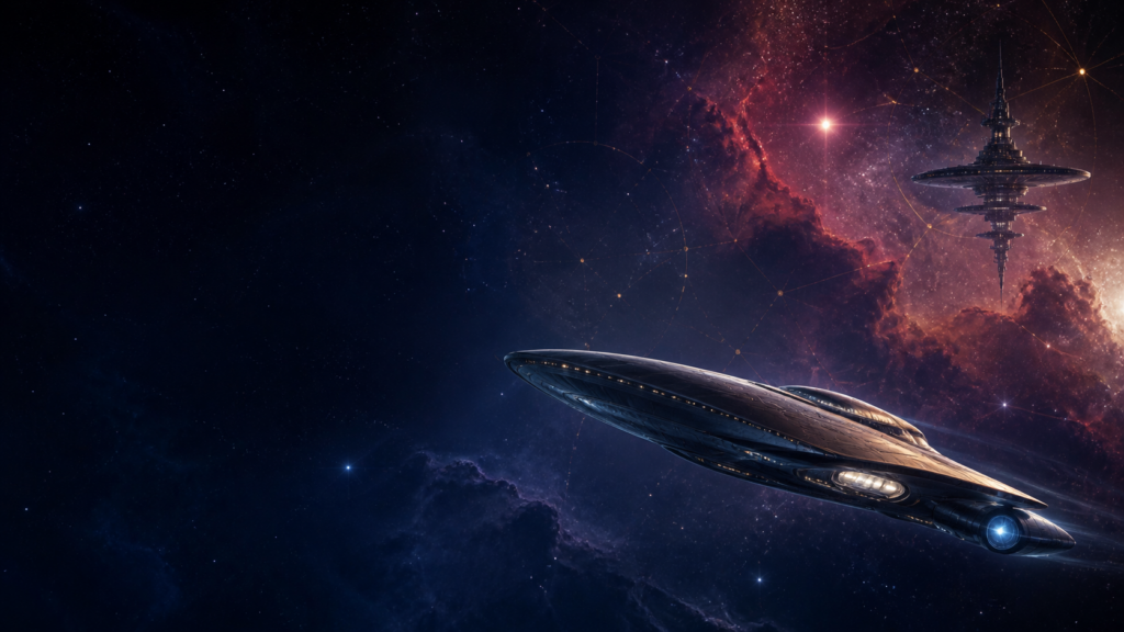 Original cinematic exploration starship and luminous planet for the Star Trek at 60 feature.