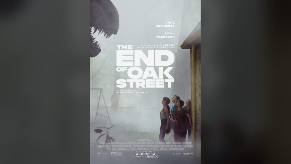 Official one-sheet artwork for The End of Oak Street (2026), showing the Platt family outside their home beneath a dinosaur