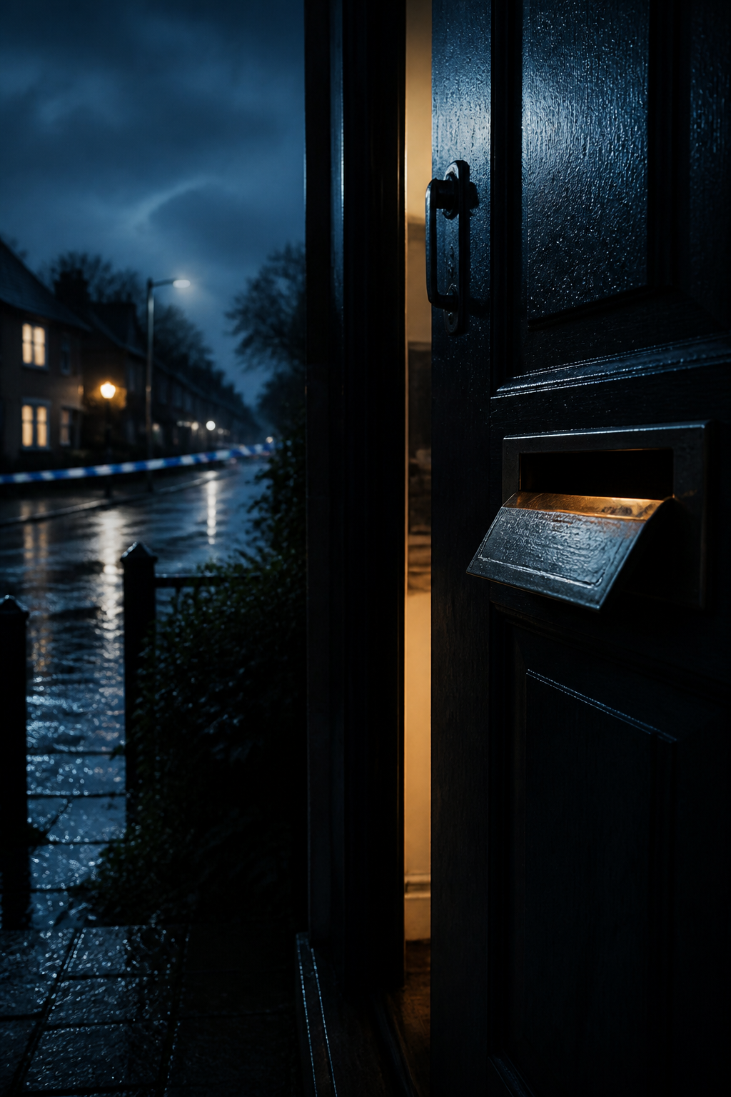 AI-created editorial illustration of a rain-soaked suburban doorway for The Whisper Man
