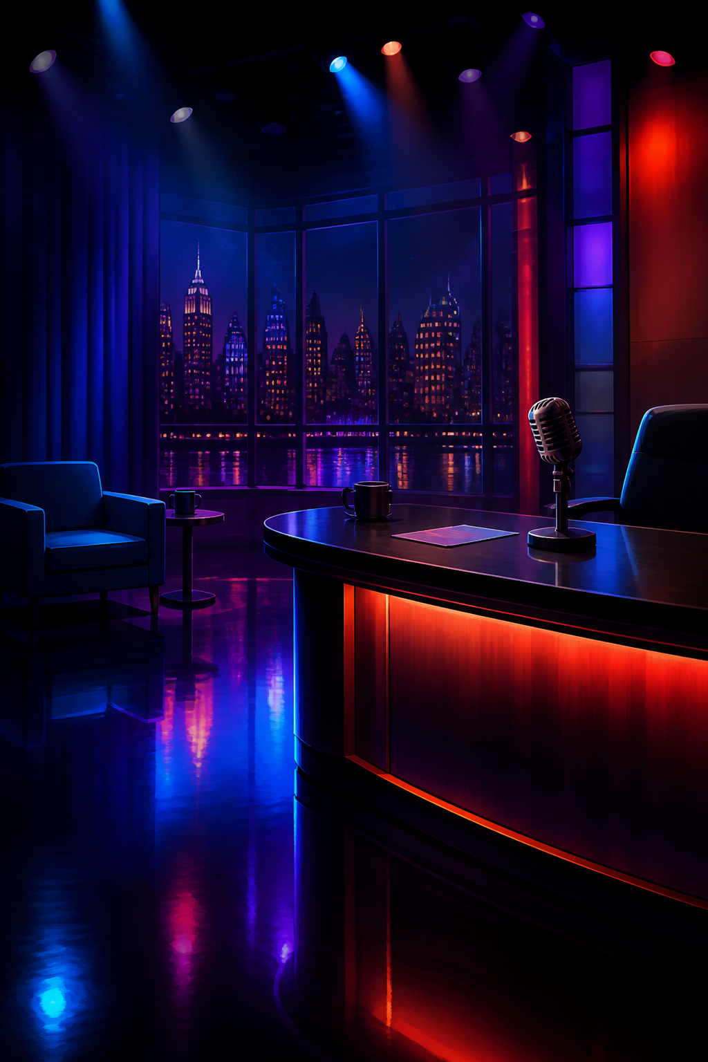 AI-created editorial illustration of a neon late-night television studio for The Varnell Hill Show