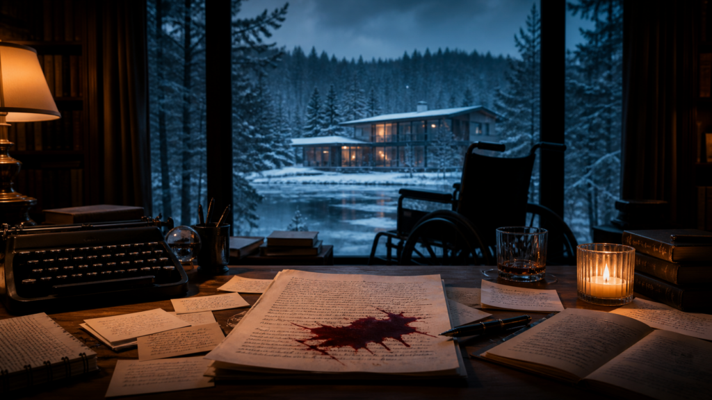 Original cinematic concept art of a snowbound estate, a writer's desk, manuscript pages and an empty wheelchair