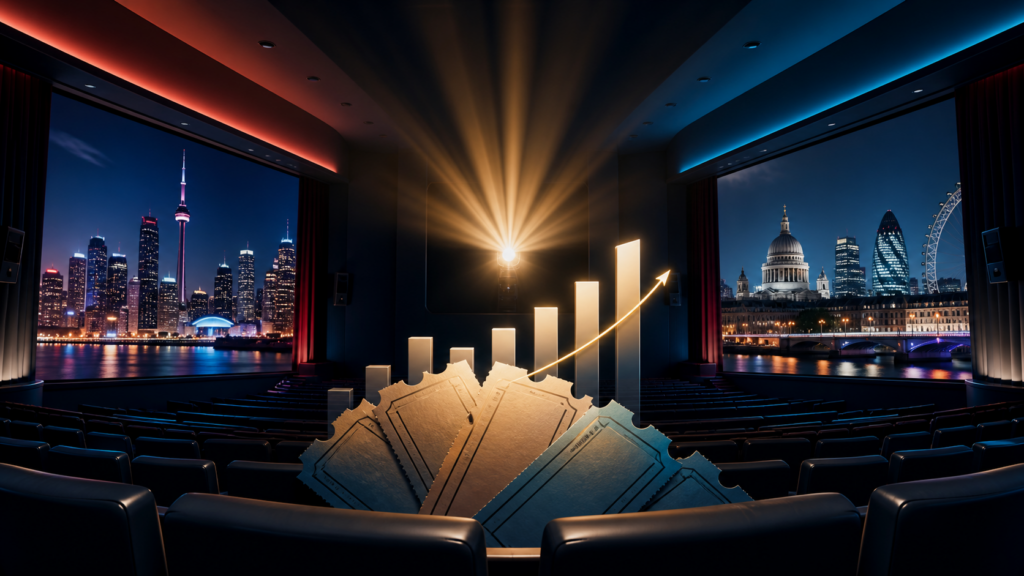 A cinema auditorium framing North American and London skylines with rising box-office bars