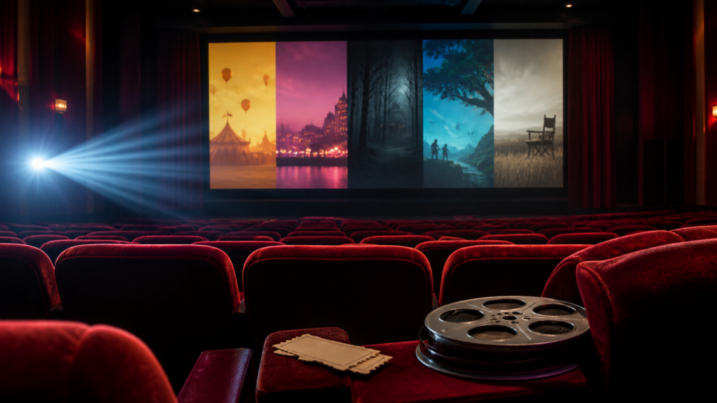 Empty red cinema seats facing a screen filled with abstract scenes in several cinematic moods