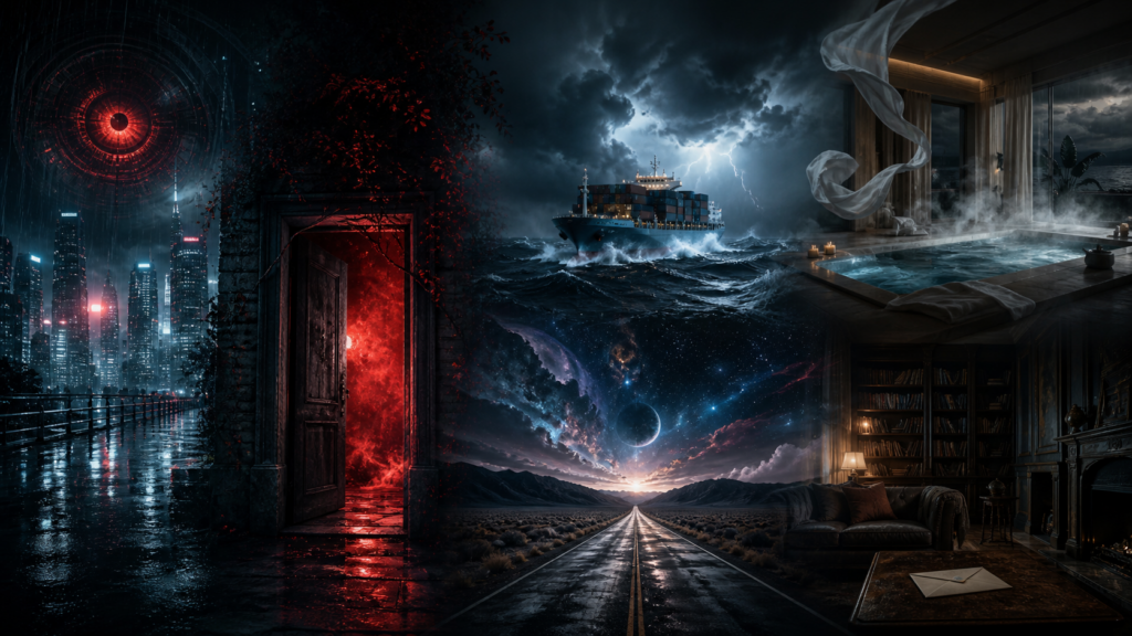 An original cinematic montage of a futuristic city, a crimson doorway, a storm-bound cargo ship, a spa, an endless road and a book-lined room