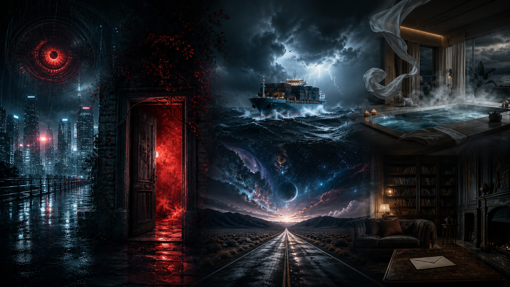 An original cinematic montage of a futuristic city, a crimson doorway, a storm-bound cargo ship, a spa, an endless road and a book-lined room