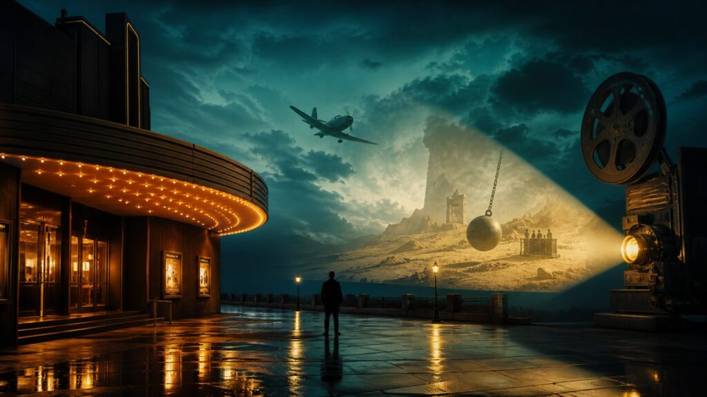 Original cinematic illustration of a night-time cinema, a propeller-plane silhouette and abstract desert courtroom imagery