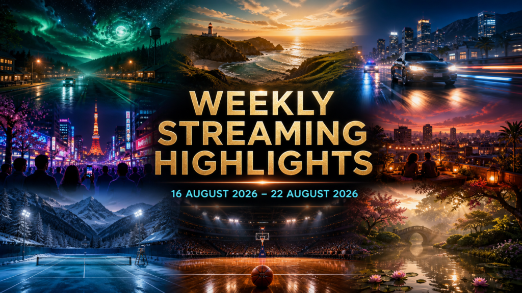 An original cinematic montage of cosmic mystery, coastal adventure, city romance, winter tennis, basketball and a tranquil garden for the streaming week of 16 to 22 August 2026