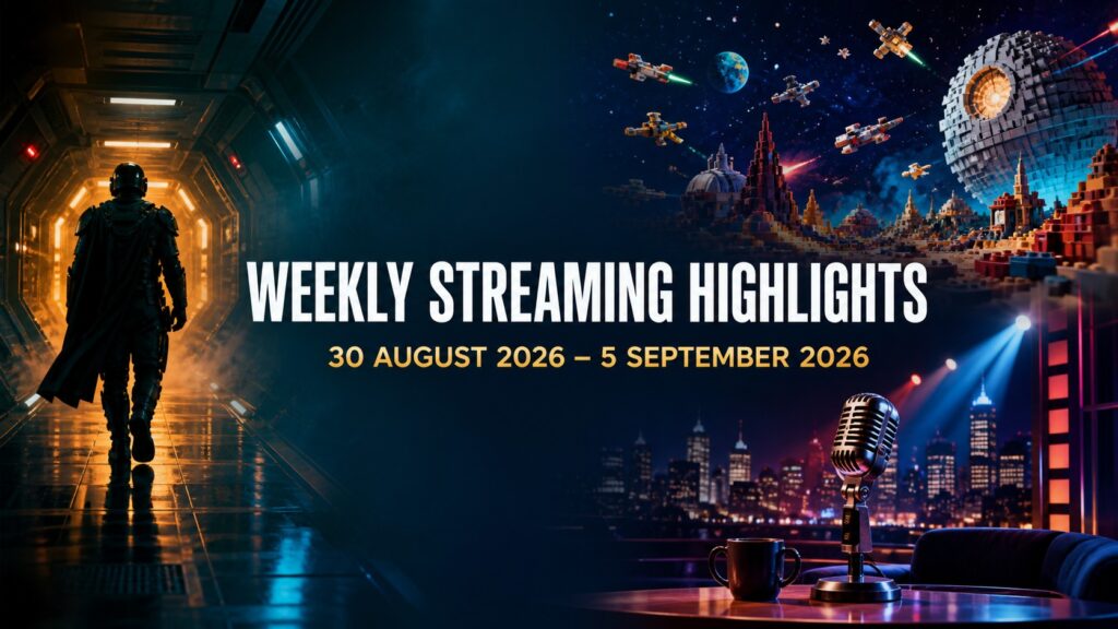 Weekly Streaming Highlights banner for 30 August 2026 – 5 September 2026, with cinematic space, animated-building and late-night-studio imagery