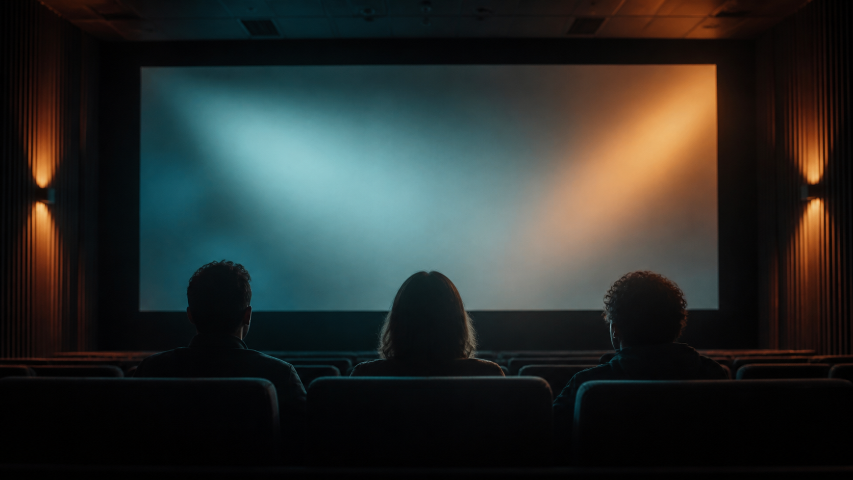 Atmospheric cinema auditorium illuminated by a projection screen
