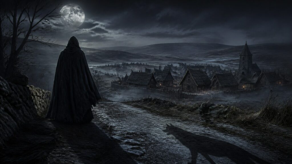 Original editorial illustration of a cloaked figure on a moonlit medieval moor