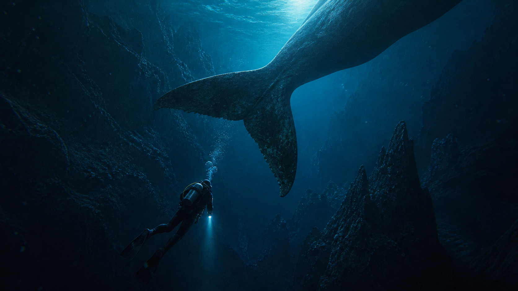 An anonymous scuba diver descends beneath an immense whale tail above a dark ocean trench