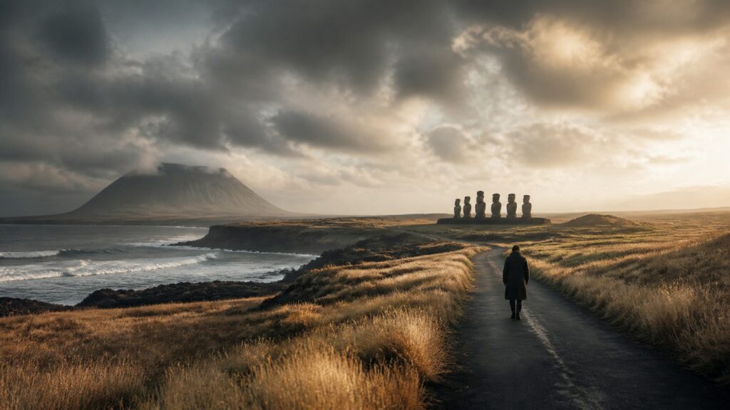Original editorial image of a windswept volcanic island coastline, distant stone silhouettes and an anonymous solitary figure