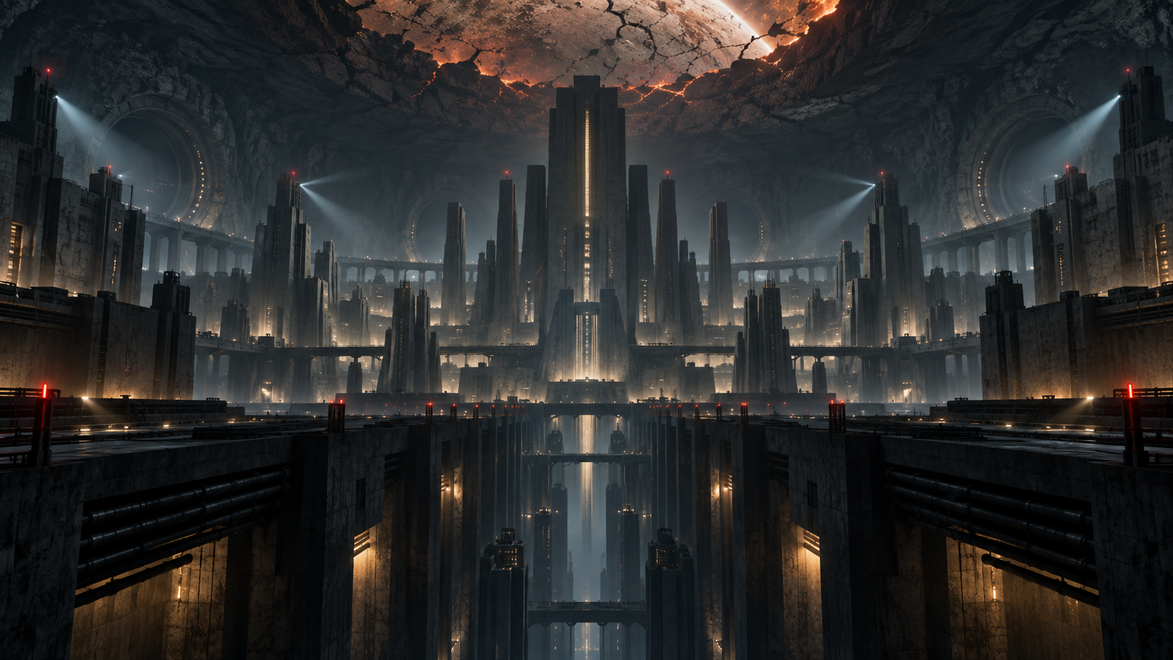 A vast authoritarian city hidden beneath the cracked surface of a dying planet