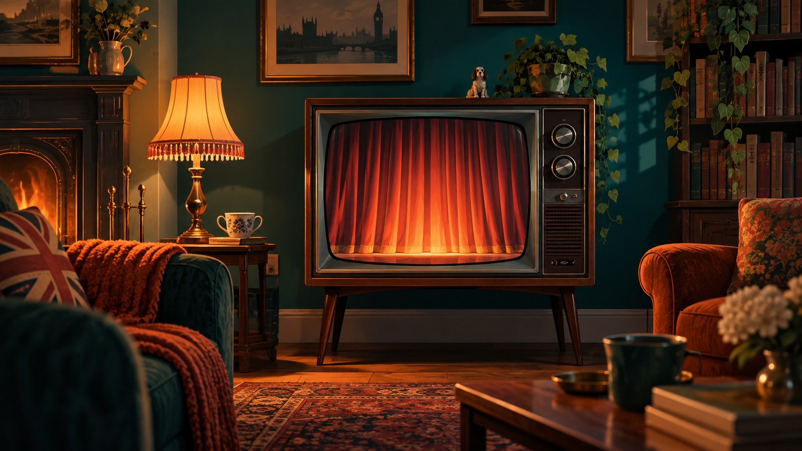 Illustrated television showing a theatre curtain in a British sitting room