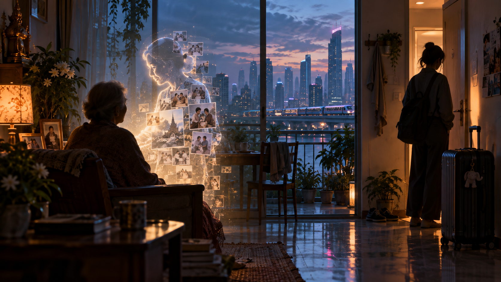 A near-future Bangkok home where family memories form a glowing holographic silhouette