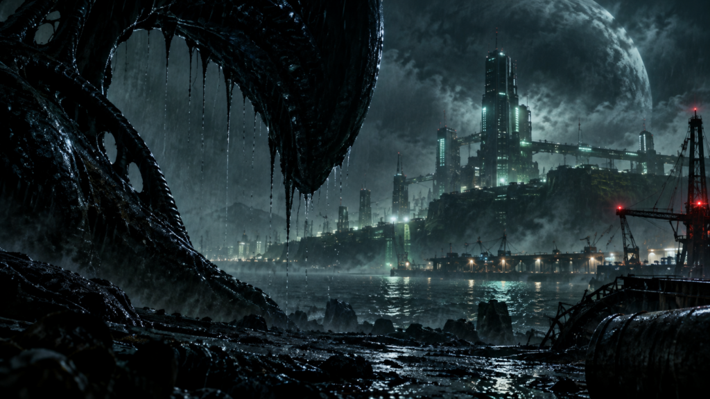 Original editorial sci-fi image of a rain-soaked futuristic industrial city under an alien organic overhang