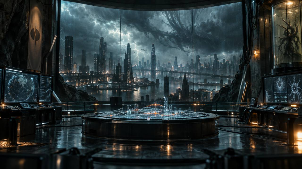 Original editorial sci-fi image of a futuristic command centre overlooking a storm-dark city