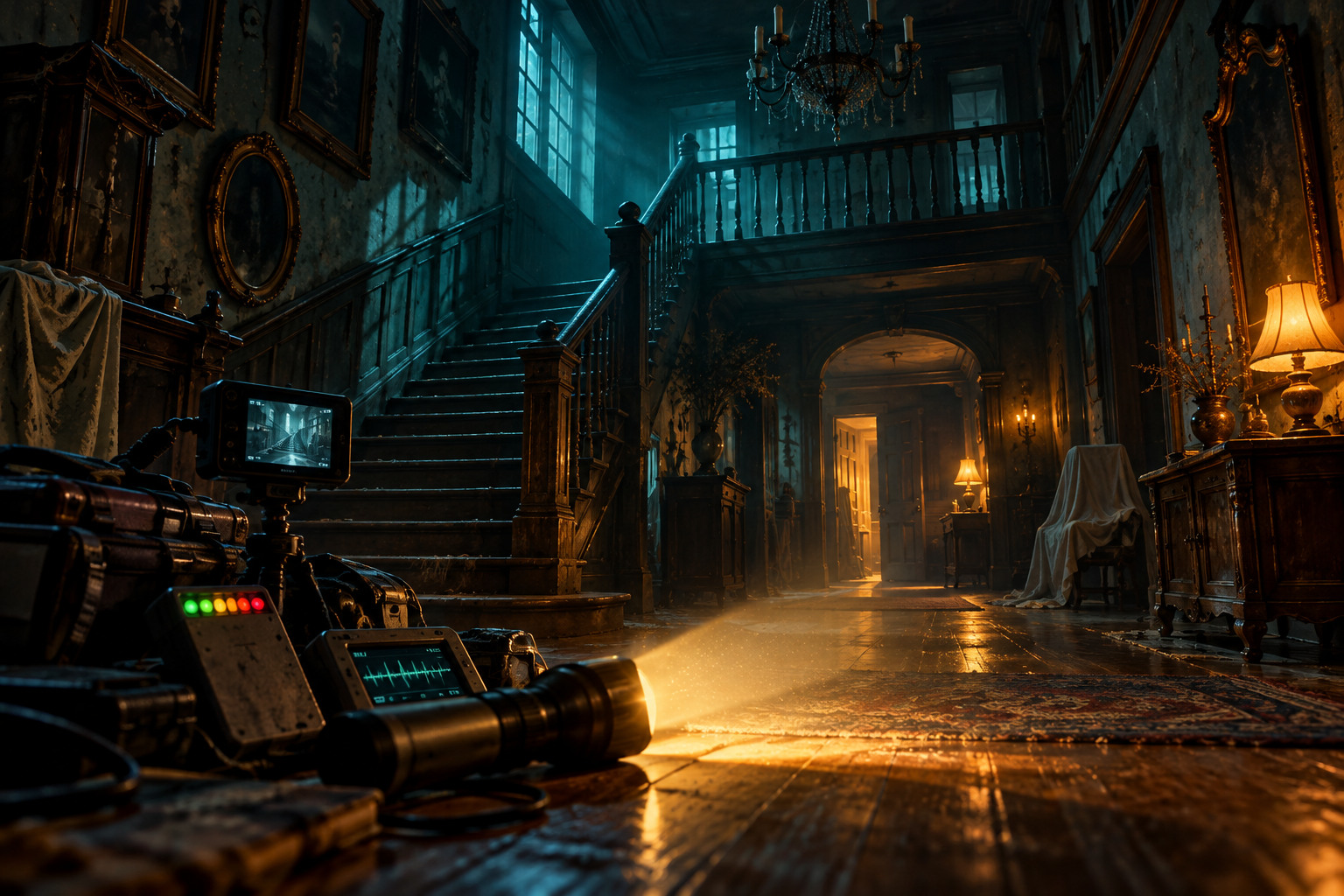 Symbolic illustration of ghost-hunting equipment inside an empty old house