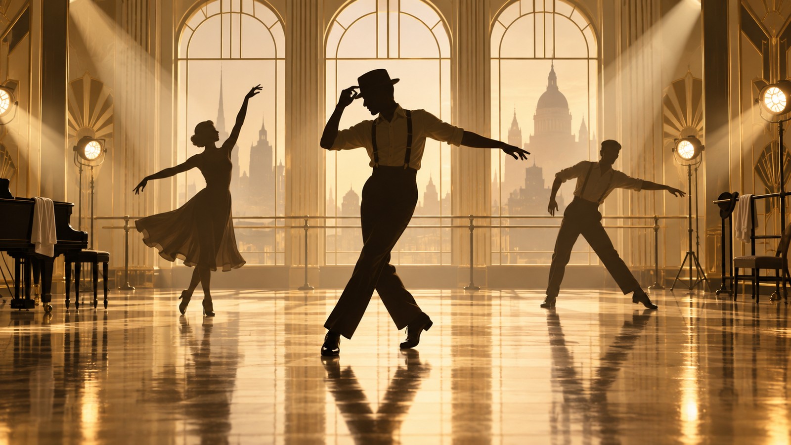 Illustrated dancer silhouettes rehearsing in a golden Art Deco studio