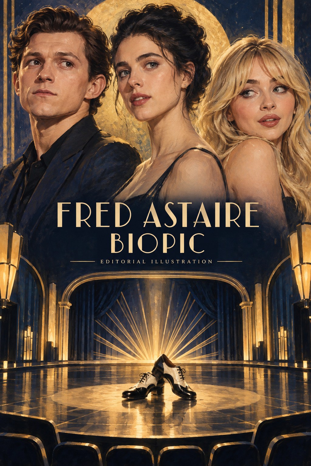 AI editorial portraits of Tom Holland, Margaret Qualley and Sabrina Carpenter above an imagined theatre stage