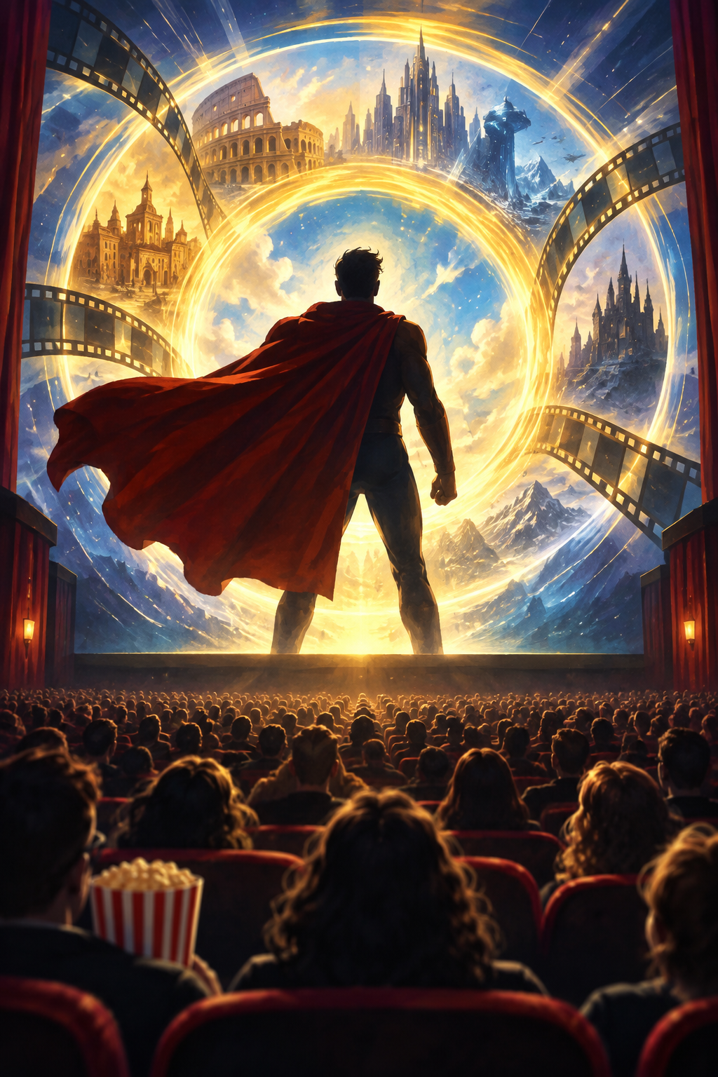 Original editorial illustration of a caped cinema silhouette facing a gold and blue time portal.