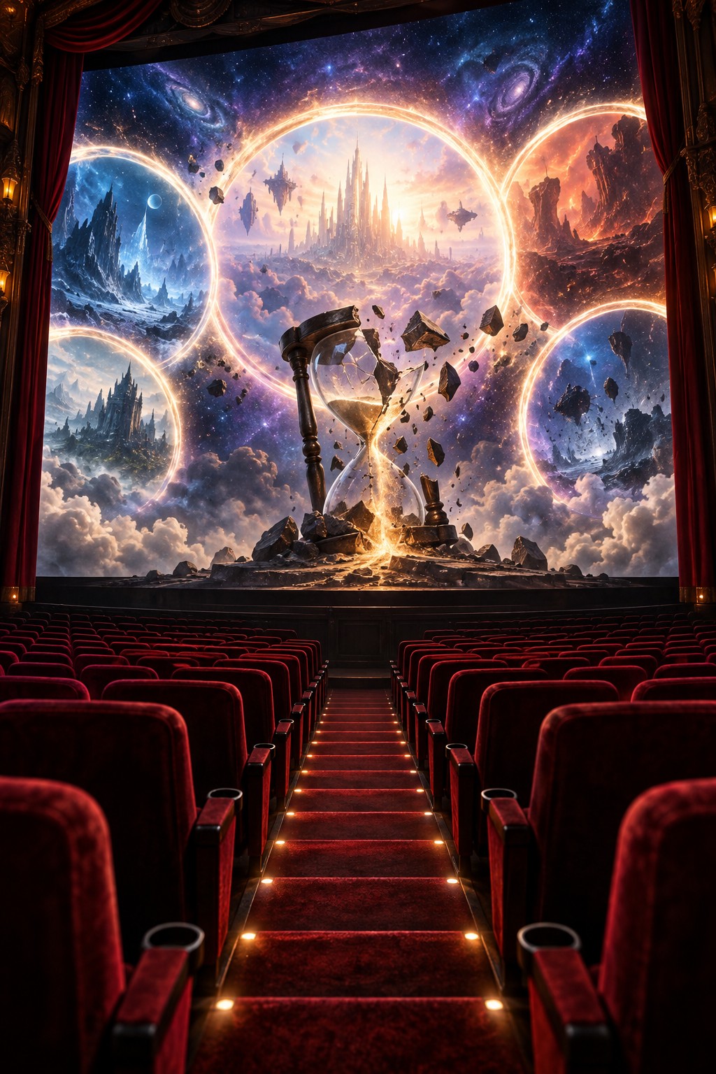 Original editorial illustration of a cinema screen filled with cosmic portals and a broken hourglass