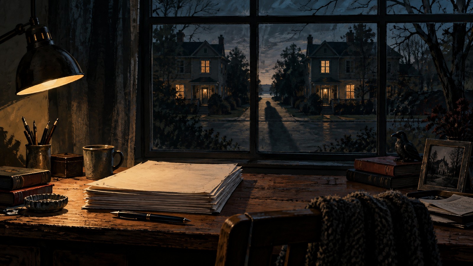 Illustrated writer’s desk overlooking two shadowed houses at dusk