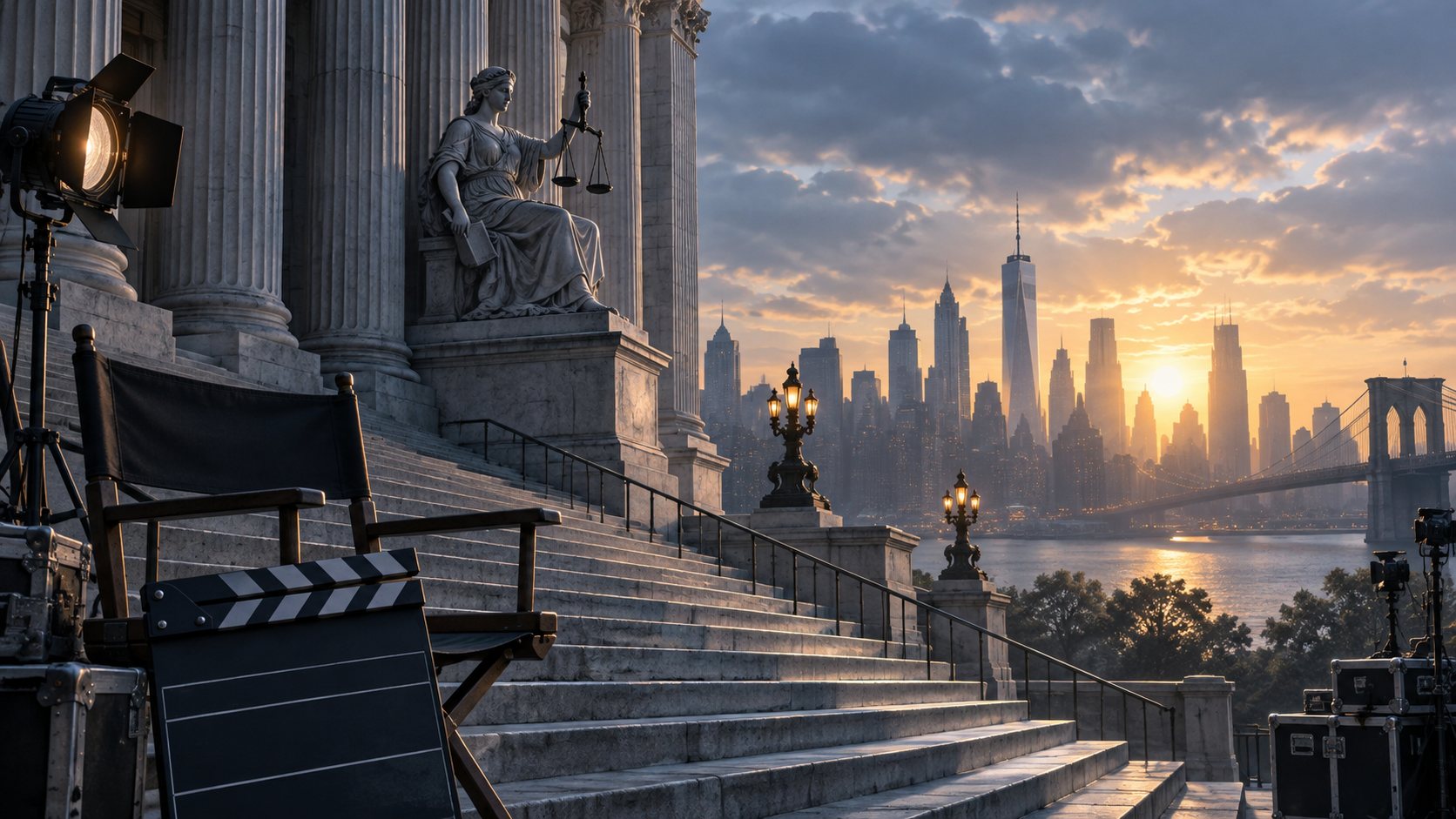 Courthouse steps and a New York skyline prepared for a television production