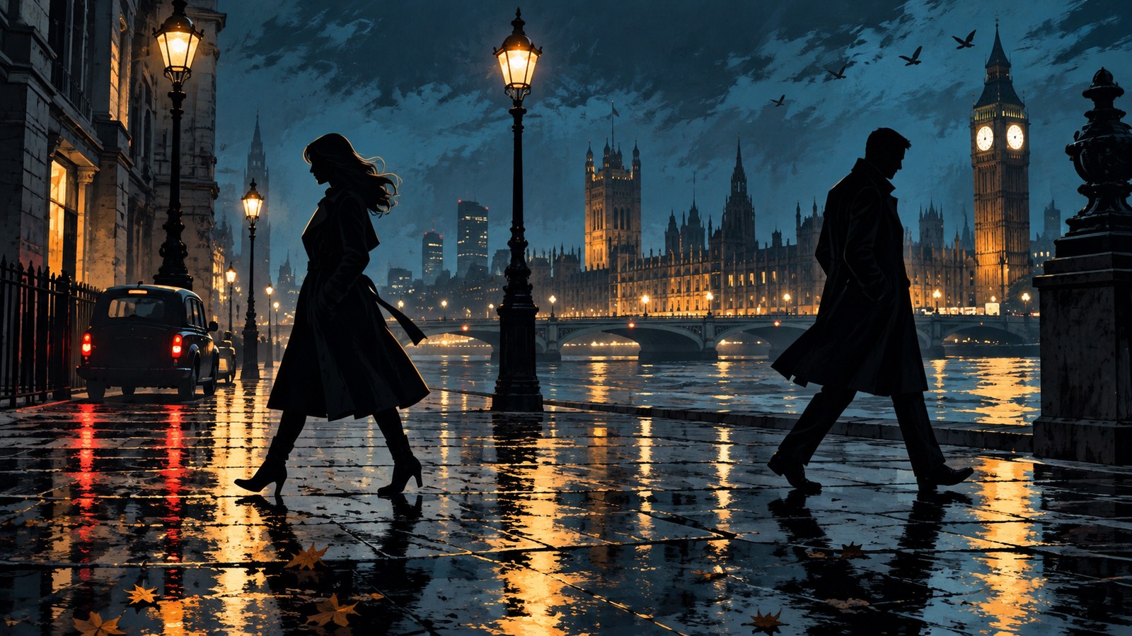 Illustrated spy silhouettes on a rainy London street for Black Doves