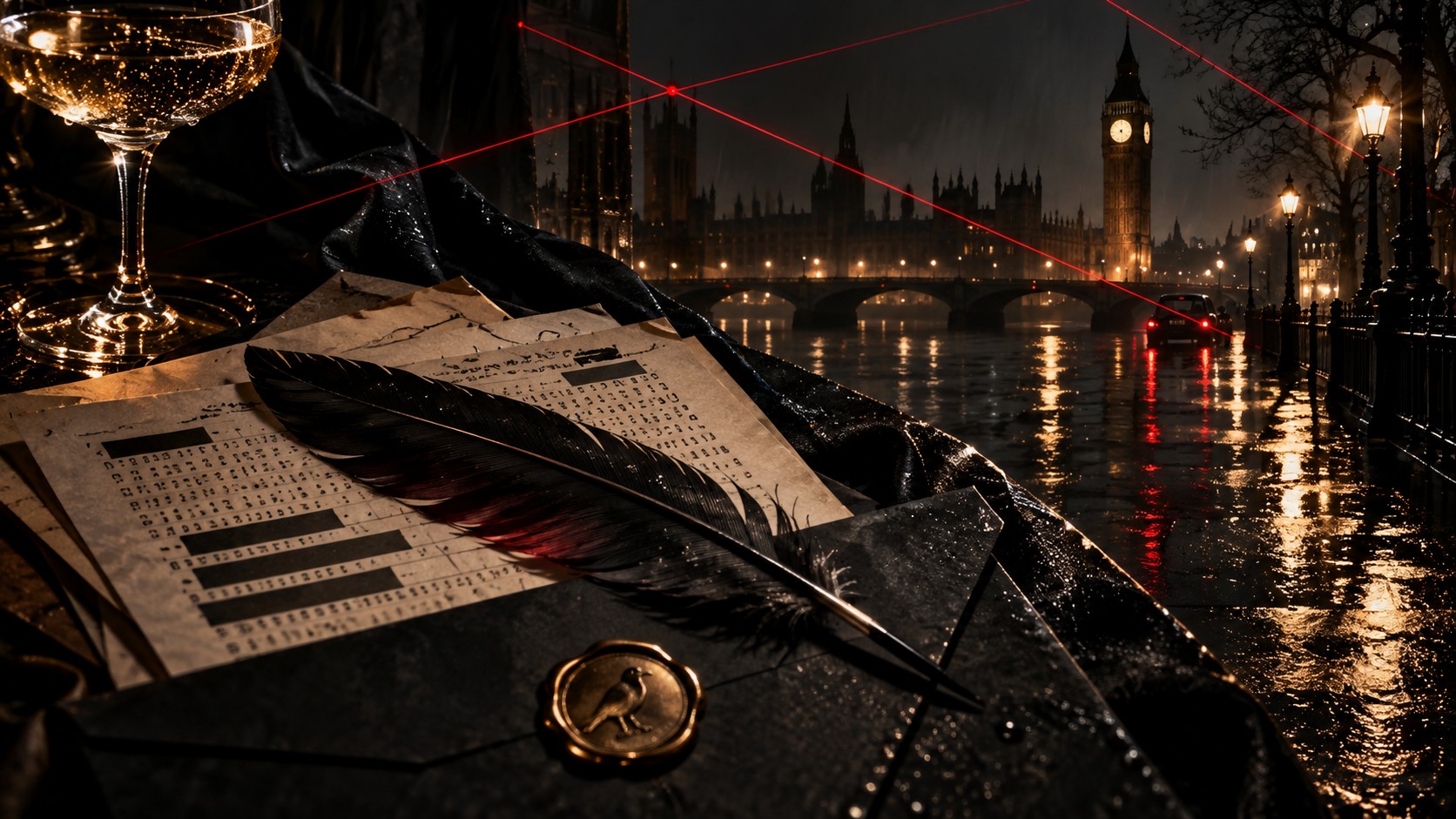 Stylised London spy-thriller illustration with encrypted papers, black feather and red surveillance lines