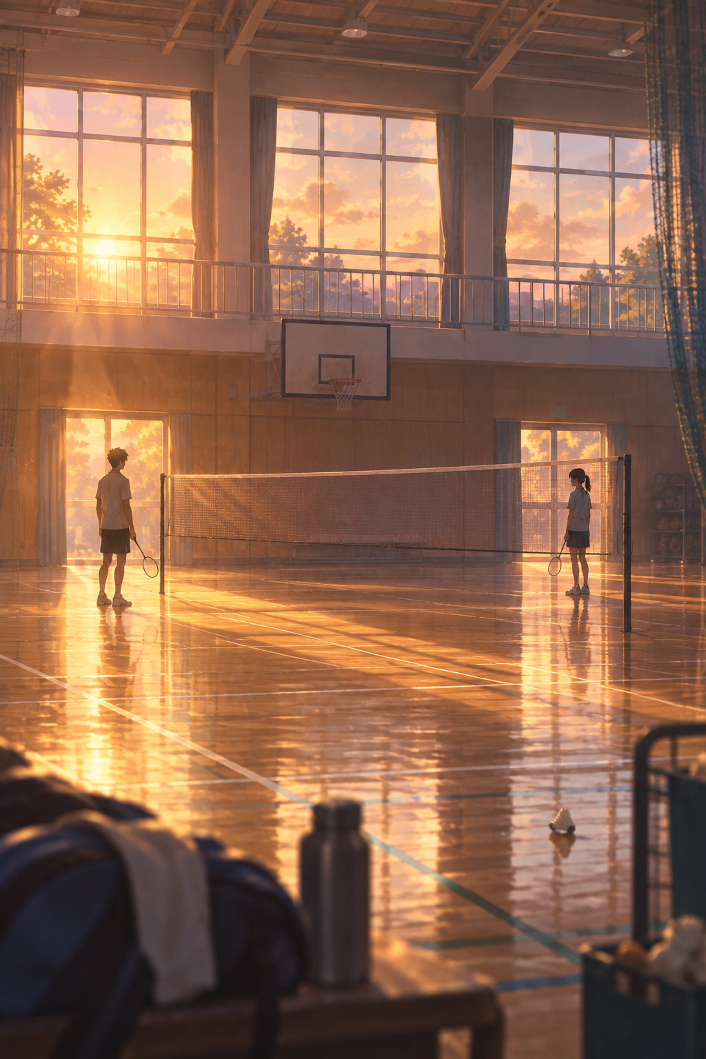 Original editorial illustration of two young athletes in a sunlit school gym for Blue Box season 2