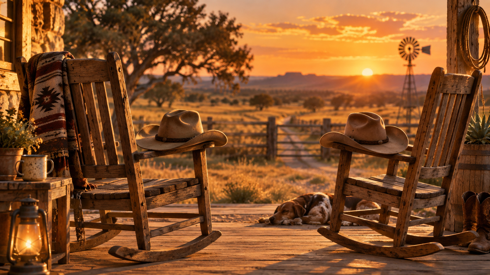 Two empty rocking chairs and cowboy hats outside a Texas ranch at sunset