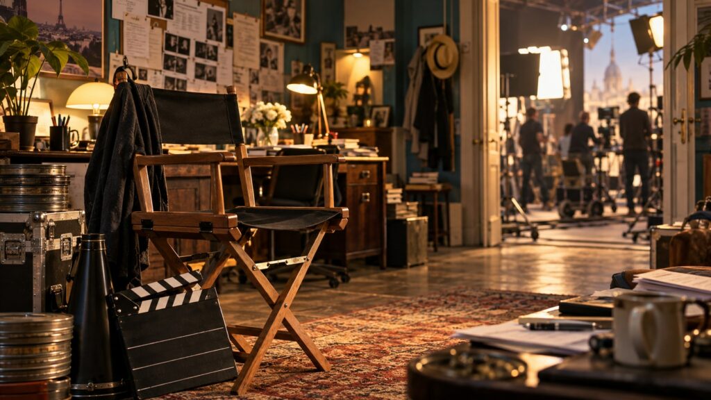 Original editorial illustration of a director's chair and clapperboard in a warmly lit, busy studio office