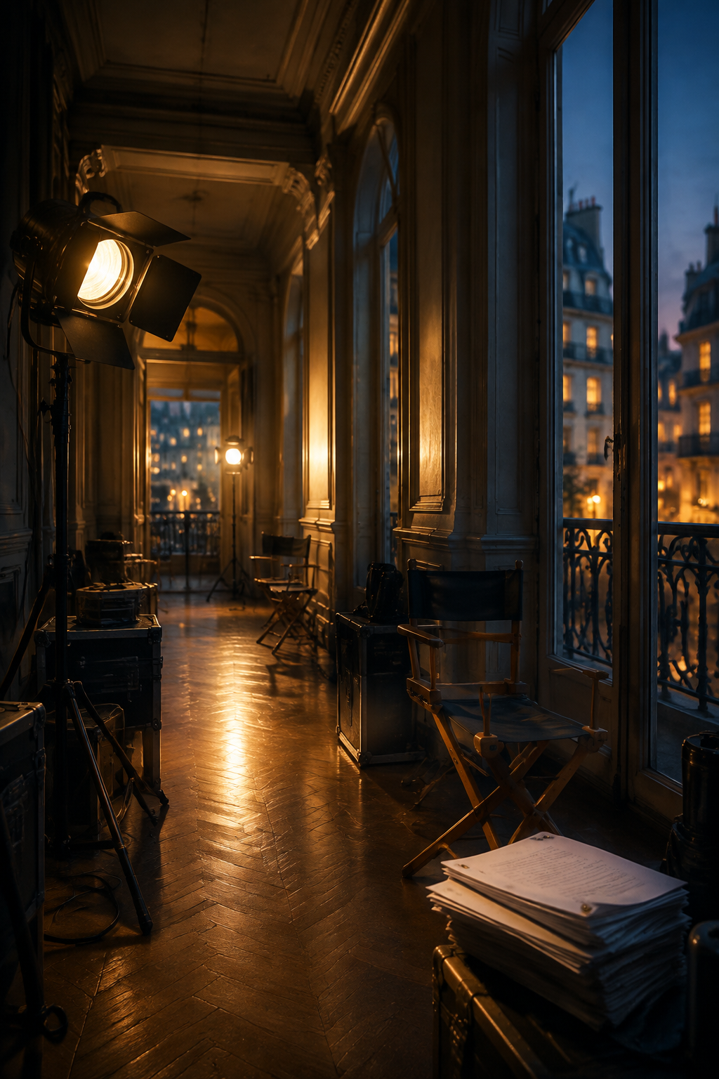 AI-created editorial illustration of a Parisian film-set corridor for Call My Agent! The Movie