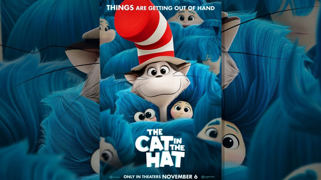 The Cat in the Hat wearing his red-and-white hat amid blue furry characters