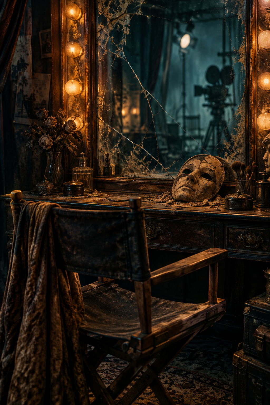 Original editorial still-life of an actor's chair, cracked mirror and clay theatre mask for Clayface