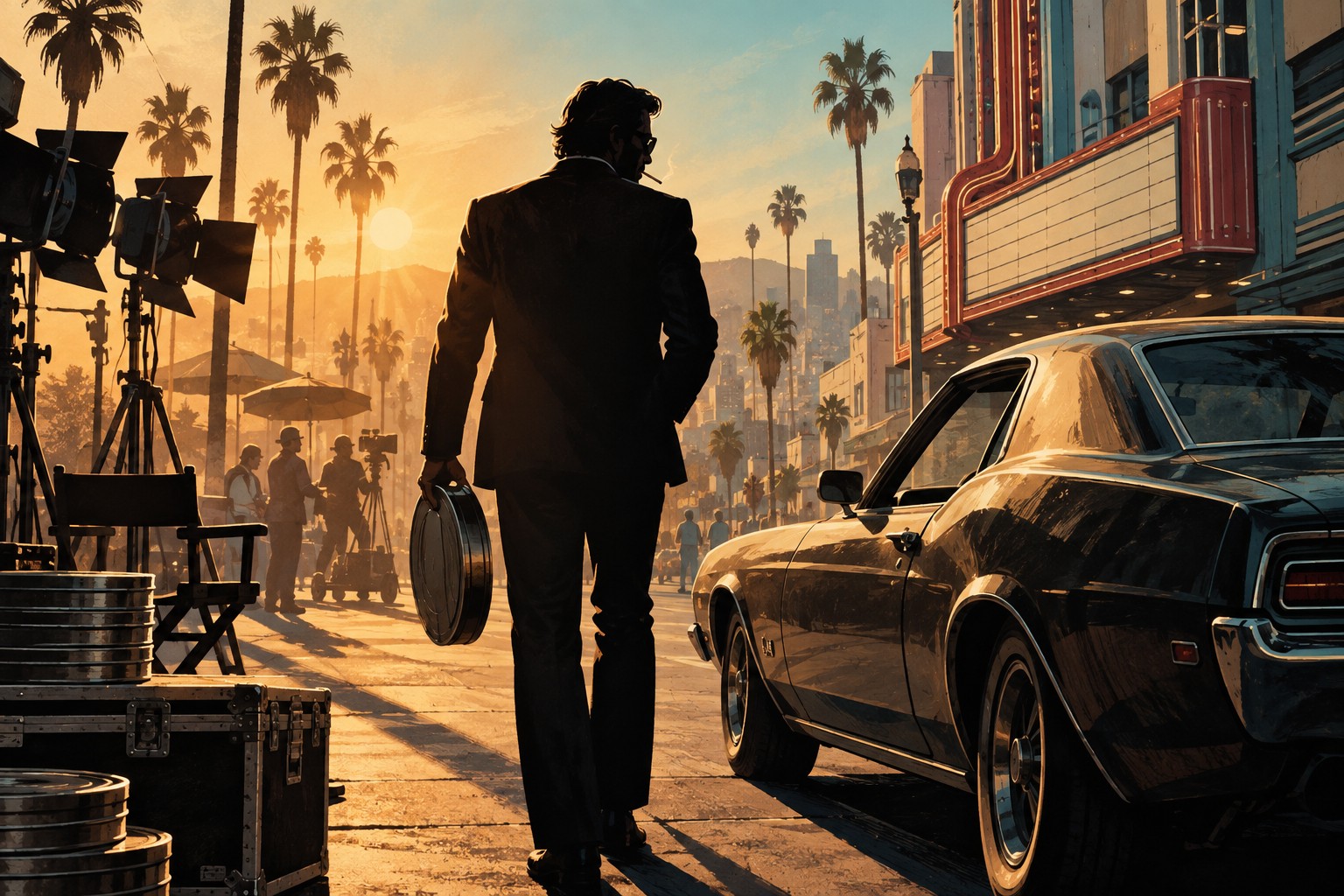 Stylised 1970s Hollywood editorial illustration with an anonymous fixer beside a classic car
