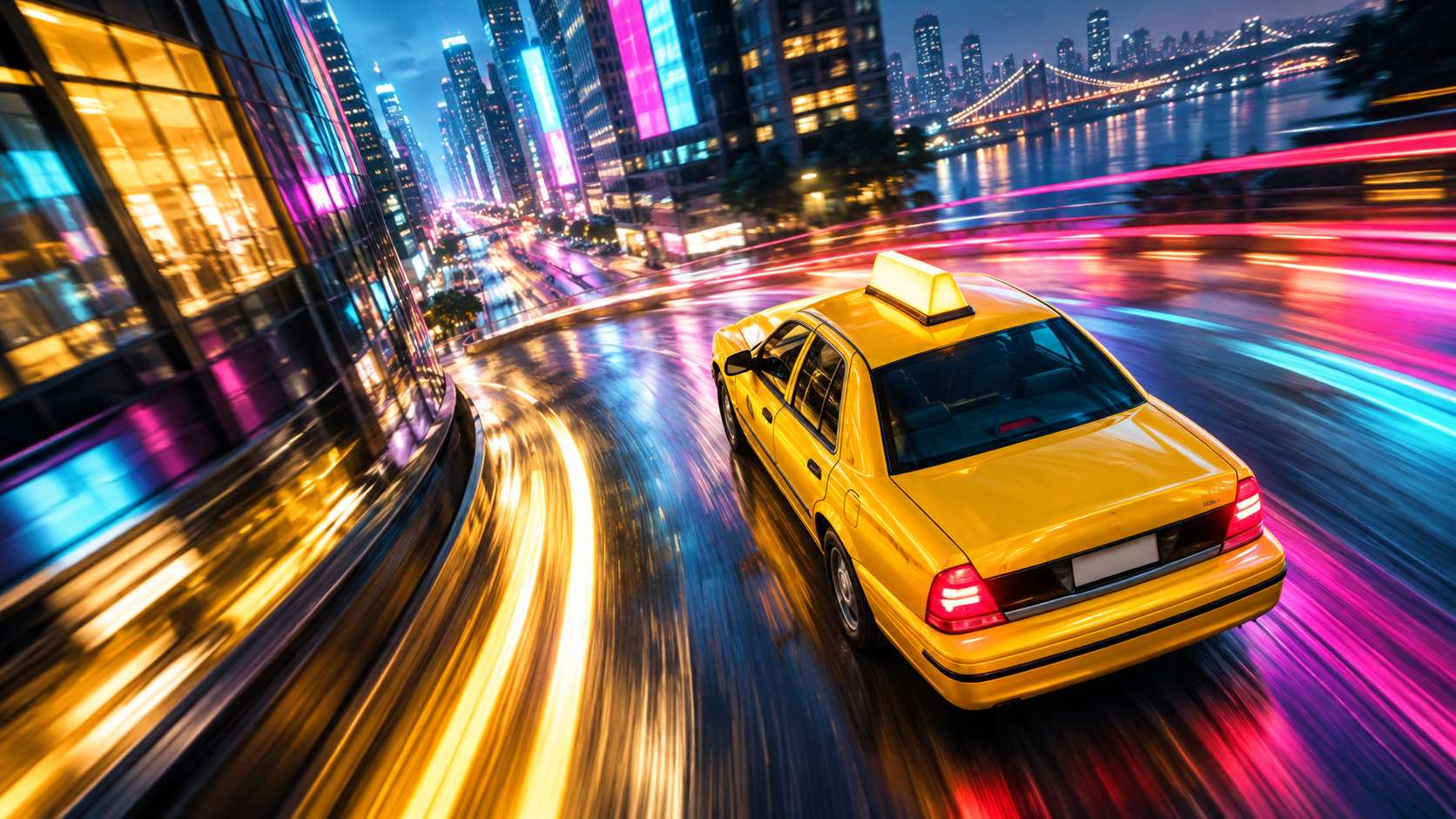 An unoccupied yellow taxi racing through a neon-lit city in an original editorial illustration