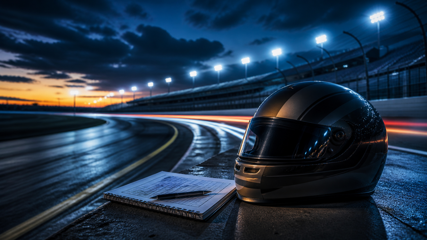 An empty floodlit oval racetrack at dusk with a racing helmet and engineer notebook in the foreground