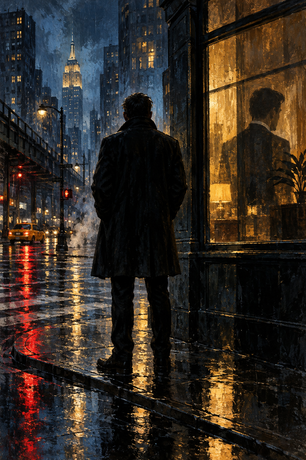 Original editorial illustration of an anonymous figure and a dark New York skyline
