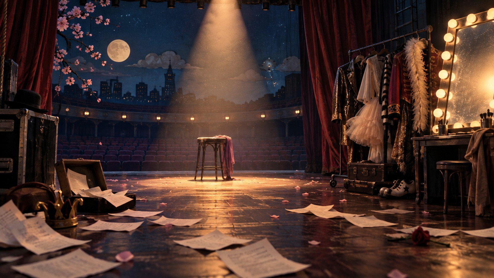 Stylised empty theatre stage with a fading spotlight, scattered scripts and a dressing-room mirror