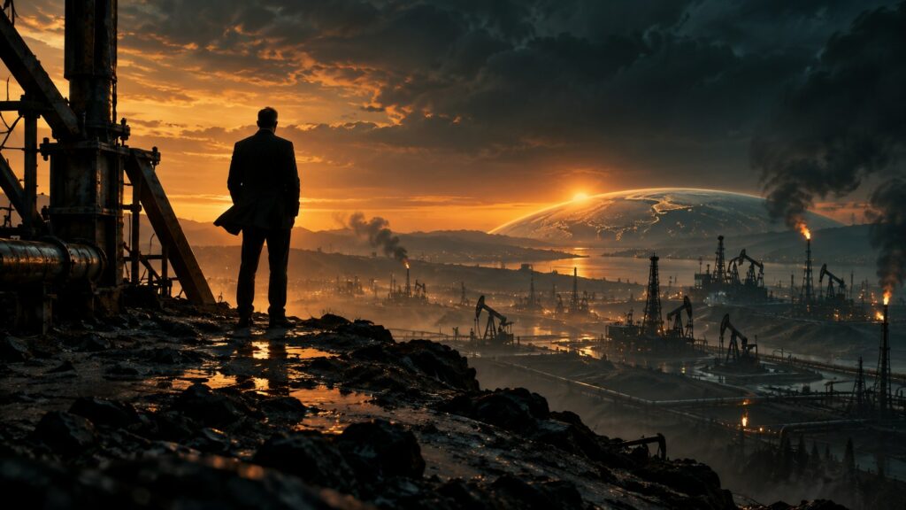 Original editorial illustration of a lone figure overlooking an industrial horizon at twilight.
