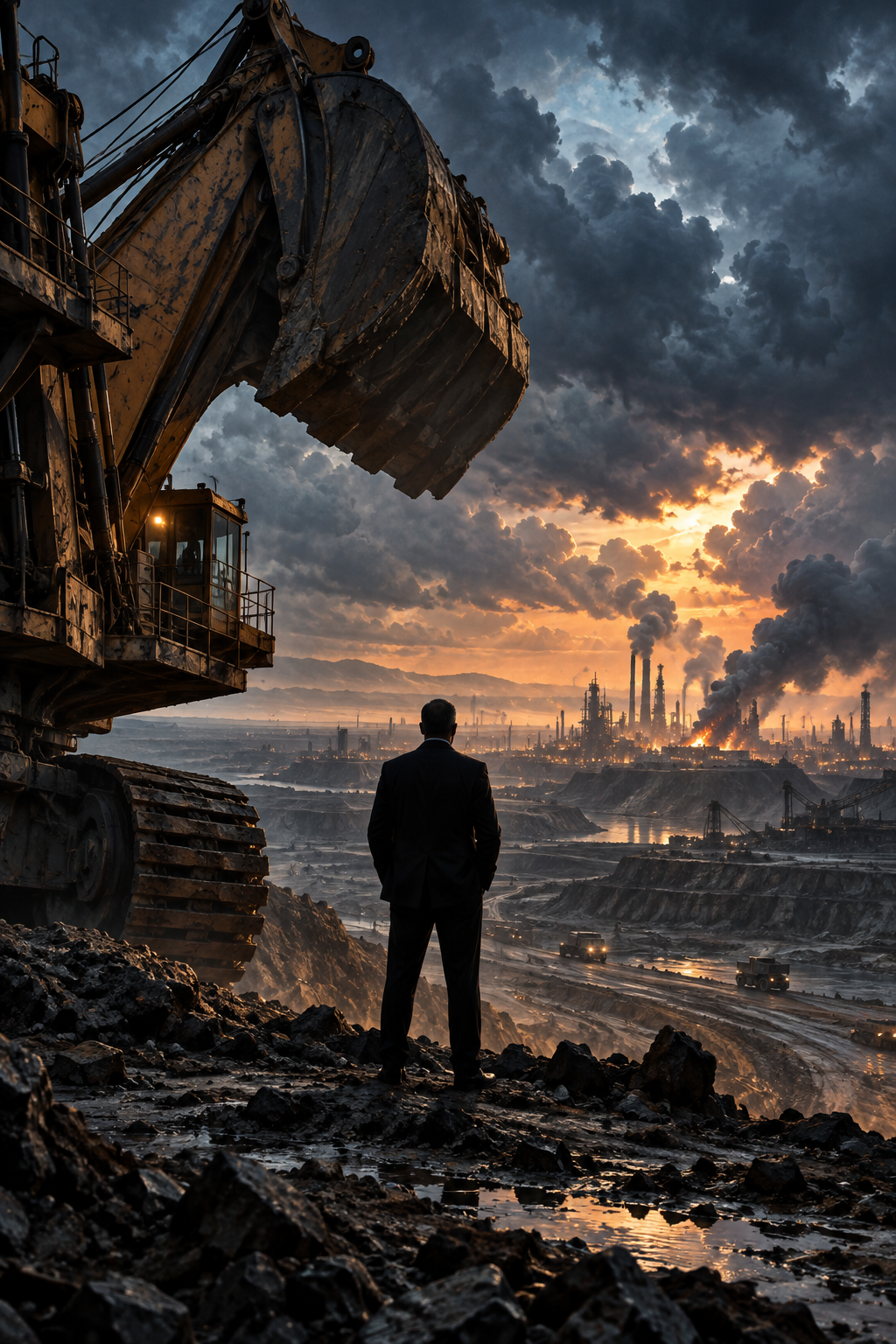 Original editorial illustration of a lone figure overlooking an industrial landscape for Digger