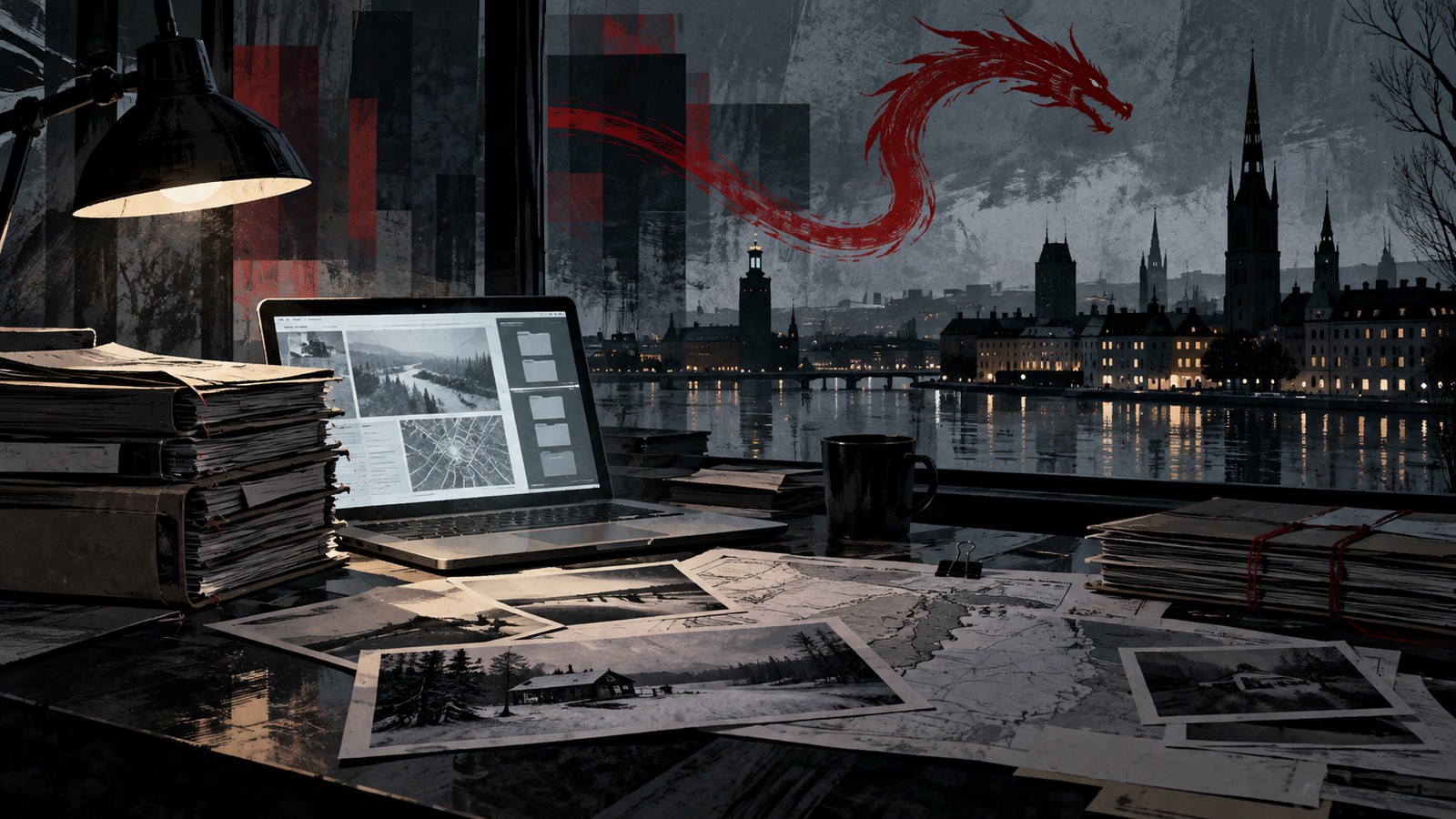 Illustrated investigation desk before a Nordic city with an abstract red dragon motif