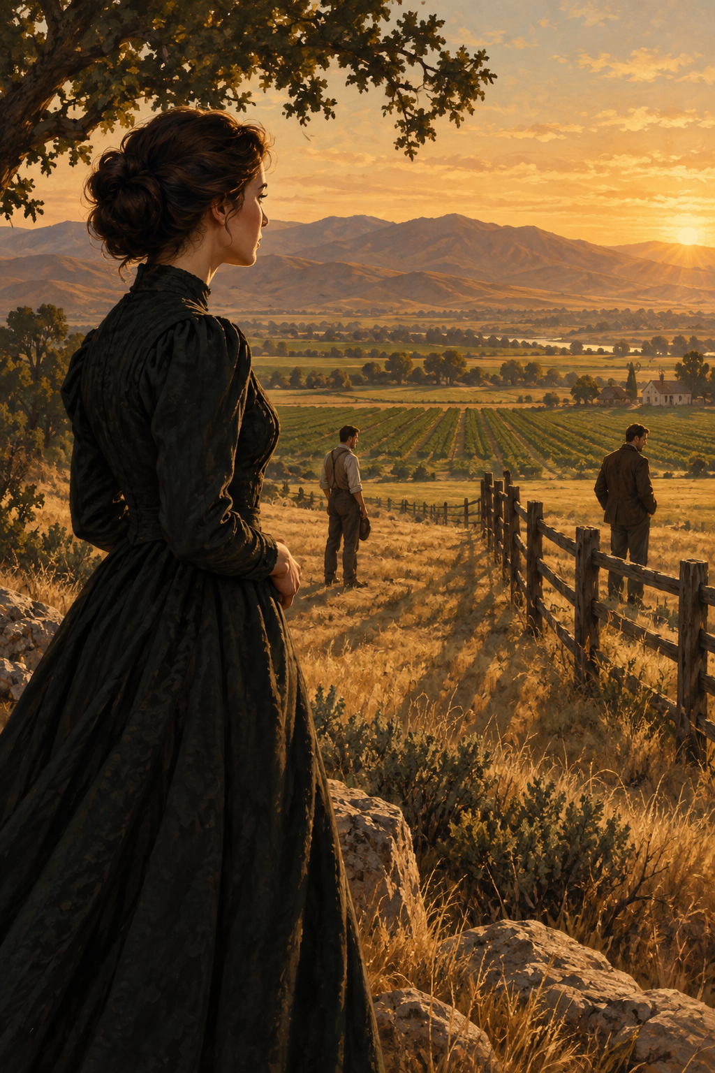 Original painted illustration of a woman overlooking a Californian valley and two separated figures