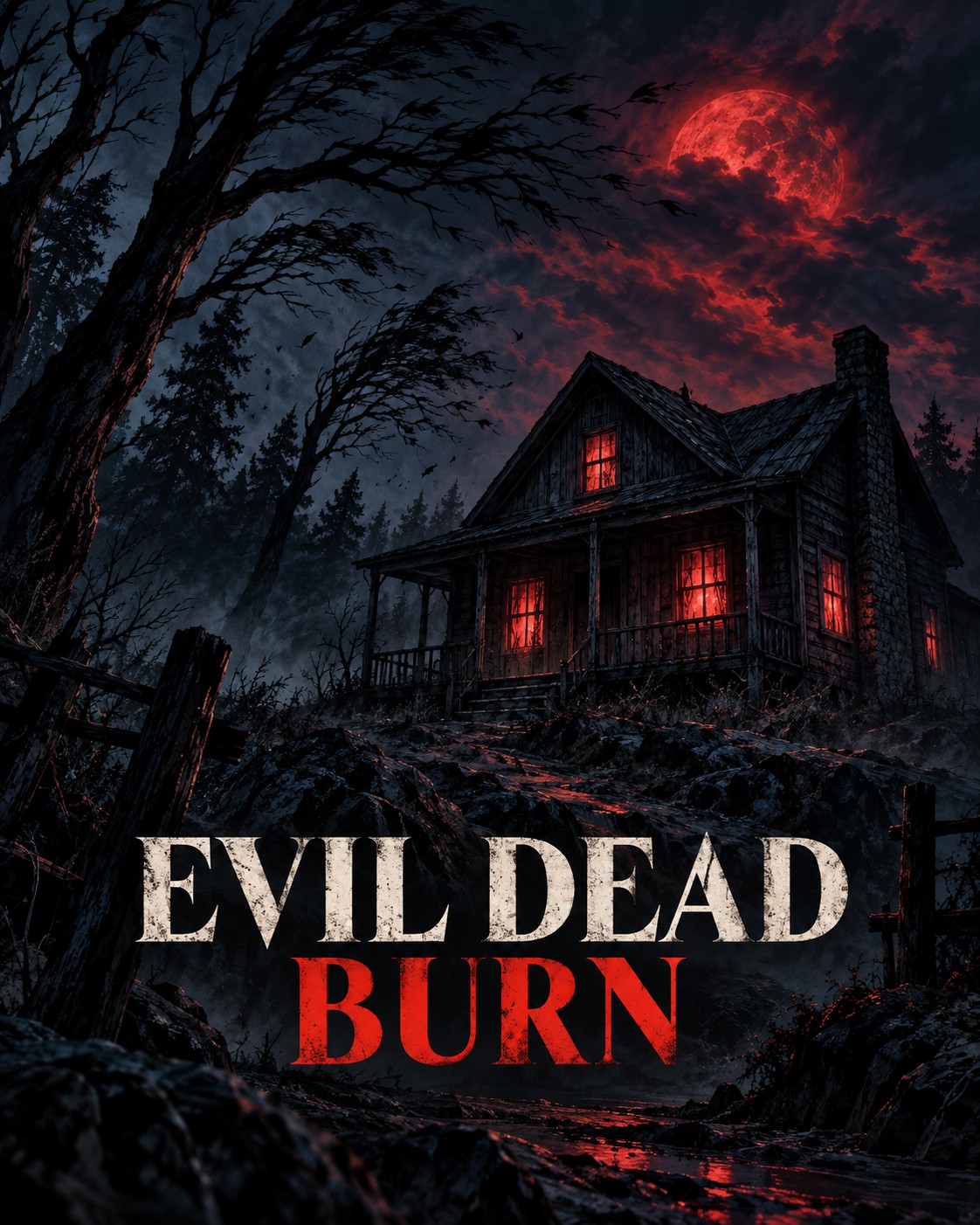 Illustrated remote house beneath a red moon for Evil Dead Burn